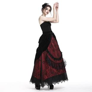 欧美个性原创哥特式，黑色红色波浪丝绒，蕾丝长裙