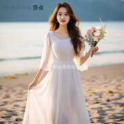 圆领连衣裙夏季女白色雪纺，蕾丝裙到脚踝长裙，海边度假沙滩裙