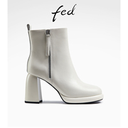 fed真皮瘦瘦秋季靴子高跟短靴白色时装靴皮靴女R0913-ZFA037