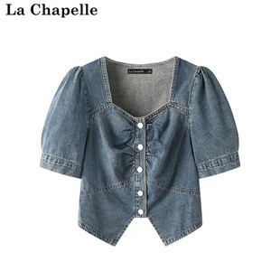 拉夏贝尔/La Chapelle轻薄款方领牛仔衬衫女短袖着走短款百搭上衣