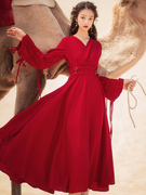 法式宫廷复古长袖连衣裙女秋季森女红色收腰云南沙漠长裙