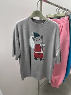 现~韩国东大门TARA BY MOTION女2023冬季可爱圣诞小猫短袖T恤