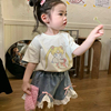 韩版夏季女童美少女卡通，印花t恤上衣甜美童装蕾丝花边牛仔短裤