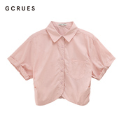 gcrues粉色衬衫女夏季韩版显瘦百搭纯色翻领短袖开衫短款上衣