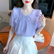 紫色雪纺衬衫女夏季V领泡泡袖宽松短袖上衣薄款时尚百搭衬衣