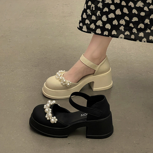 英伦风复古一字带小皮鞋女2023年夏季时尚珍珠高跟玛丽珍单鞋