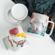 cybil创意个性马克杯，带盖勺陶瓷杯咖啡杯仙鹤，锦鲤大容量瓷杯礼盒
