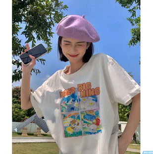 韩系小众设计感潮牌印花短袖T恤男女2023夏季宽松圆领上衣FF