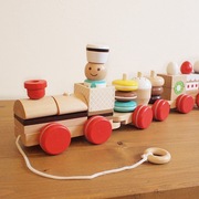儿童木制拖车玩具糖果，蛋糕拖拉学步车零食，堆放积木拉车三节火车