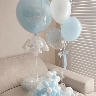 ins风蓝色系宝宝生日，百天拍照纪念日氛围，布置玉桂狗可爱道具气球