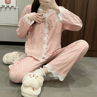 2022年睡衣女春秋季开衫，可爱粉色韩版纯棉长袖学生家居服冬季