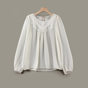 R1欧美外贸轻薄免烫蕾丝镂空性感雪纺长袖宽松女士欧式衬衫夏季