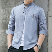 唐装衬衫男长袖中国风潮，韩版修身复古中山装，圆无立领简约时尚衬衣