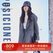 xg雪歌法式条纹羊毛呢大衣女2023冬款中长西装领外套XI410058B599