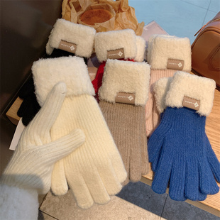 糯叽叽手感保暖加厚纯色冬季毛线手套学生分指可爱韩版简约女