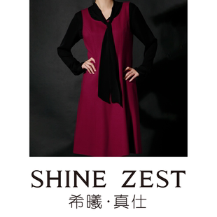 女装修身暗红色毛料材质，无领收腰款无袖，马甲裙气质连衣裙