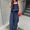 韩国chic夏季减龄气质小众层叠，荷叶边吊带上衣，衬衫+高腰阔腿裤女