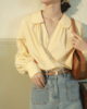 法式v领灯笼袖衬衫女早春季2024气质娃娃，领衬衣温柔黄色上衣