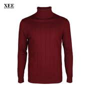 xee商场同款男士，冬季酒红色条纹休闲高领绵羊毛，套头毛衣柔软舒适