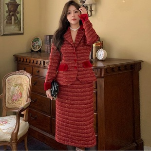 大码女装红色小香风时尚气质胖mm显瘦连衣裙2023年秋冬套装裙