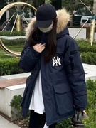 韩国mlb冬季羽绒服男女，保暖户外外套，加厚中长款连帽毛领工装