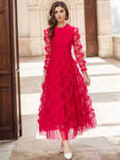红色高端聚会礼服裙欧美时尚，女装复古长袖透视木耳边高腰连衣裙