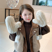 儿童时尚韩国獭兔毛，连指挂脖皮草手套冬季保暖加厚真毛毛女可爱