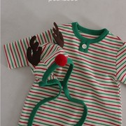 现货韩国进口婴儿纯棉长袖连体哈衣冬季圣诞红绿条纹家居服套装