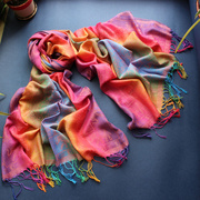 彩虹渐变色薄款保暖长方形，围巾女式流苏柔软棉麻，印花多用披肩
