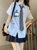 学院风jk衬衫条纹短袖衬衣女夏季韩式宽松甜美学姐基础百搭上衣