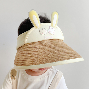 兔耳朵空顶宝宝防晒帽子夏季婴儿太阳帽男童，女孩外出大檐遮阳草帽