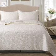 米白兰花绗缝三件套床盖全棉纯色春J秋被多功能床上用品床单