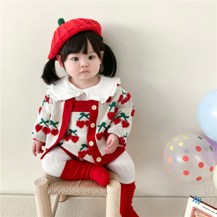 2024女宝宝针织衫套装0-2岁大樱桃绣花可爱甜美长袖，上衣+外套洋气