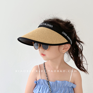 女童防晒帽草帽儿童遮阳帽男童，帽子夏季防紫外线宝宝太阳帽空顶帽