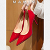 玛美妮大小码单鞋，31-43漆皮红色高跟鞋女细跟百搭婚鞋女