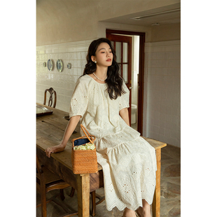 zhuyiyi法式宽松圆领泡泡袖，a字裙2024夏刺绣(夏刺绣，)白色蕾丝连衣裙女
