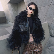 杨杨高级感黑色环保皮草拼皮短款外套，女冬季夹棉加厚毛毛外套潮