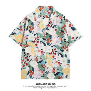 anamone港风油画衬衫女夏季设计感小众印花复古短袖碎花雪纺上衣