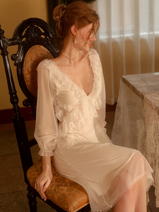法式宫廷蕾丝睡裙露背深V长袖性感睡衣女复古浪漫写真服高级感