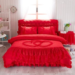 婚庆大红色床裙四件套结婚被子，夹棉床罩款床上蕾丝花边床单被罩套