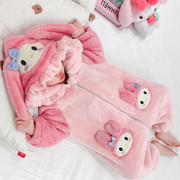 儿童睡衣冬季珊瑚绒女童连体防着凉睡袋女宝宝双层加绒加厚家居服