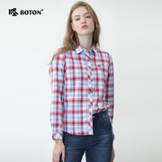 波顿2024英伦格子衬衫，女长袖衬衣浅蓝色，美式休闲早春季高端
