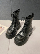2023韩版显瘦系带拉链马丁靴，金属装饰高跟防水台短靴女靴子潮