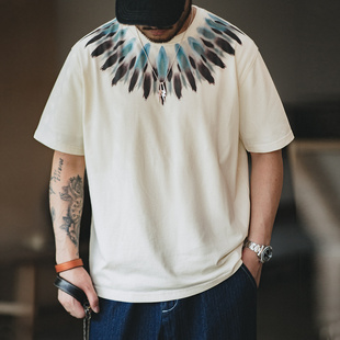 马登工装美式复古重磅印第安羽毛印花短袖做旧宽松民族风t恤男夏