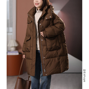 shuye原创设计感口袋中长款羽绒服外套，女新国标90白鸭绒(白鸭绒)2023