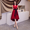 红色晚礼服女宴会气质平时可穿名媛高贵现代中长款简单大方连衣裙