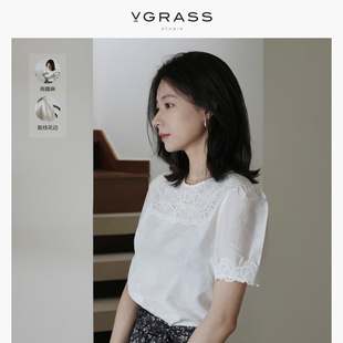 补单VGRASS白色蕾丝衬衫2023年夏法式甜美短袖T恤上衣女