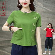 民族风棉麻上衣2024夏装，中式体恤苎麻中国风，女装短袖宽松女式t恤