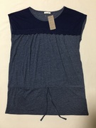 外贸原单 日本的 圆领抹袖短袖宽松抽绳系带棉质T恤 蓝色蕾丝拼接