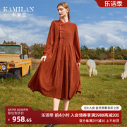 卡米兰新中式复古羊毛，连衣裙女2023秋季宽松中长款长袖a字裙